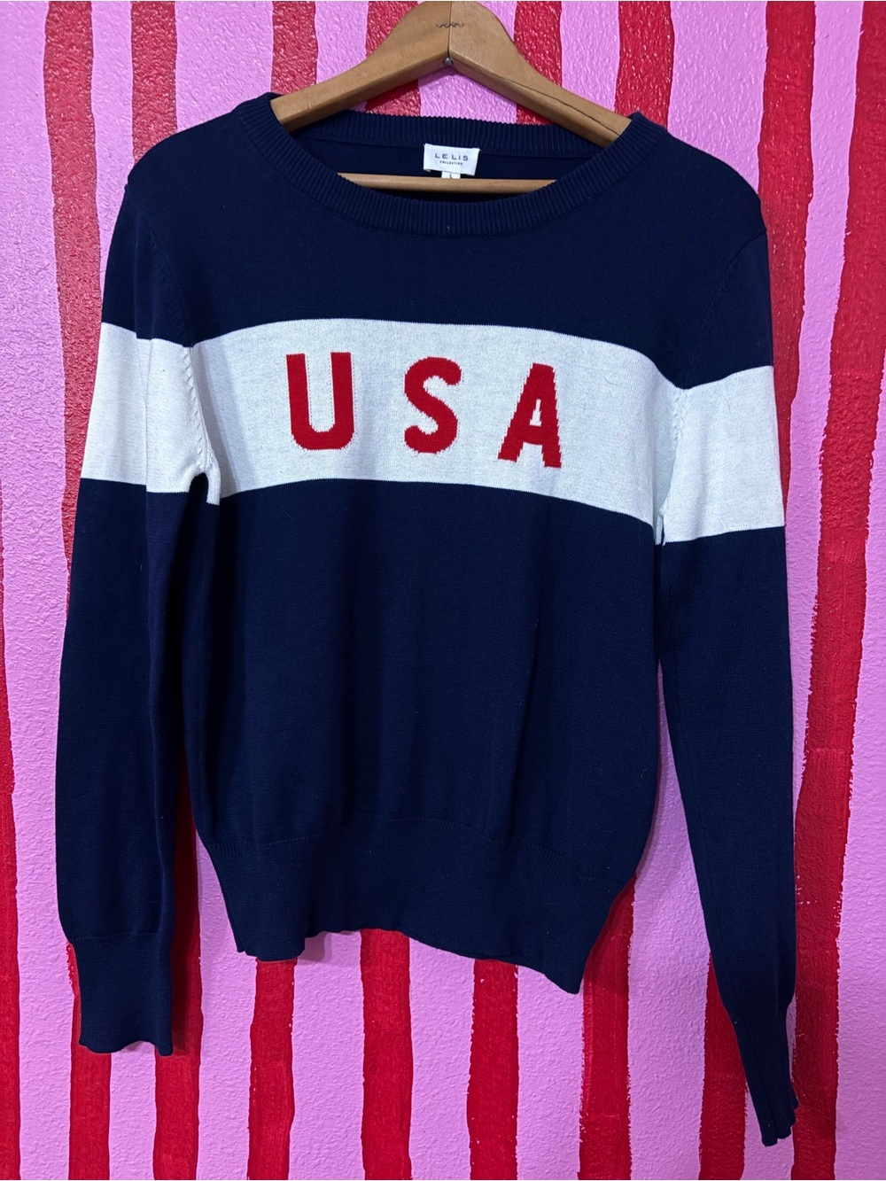 Le Lis Navy White USA Crewneck Sweater with Red Letters